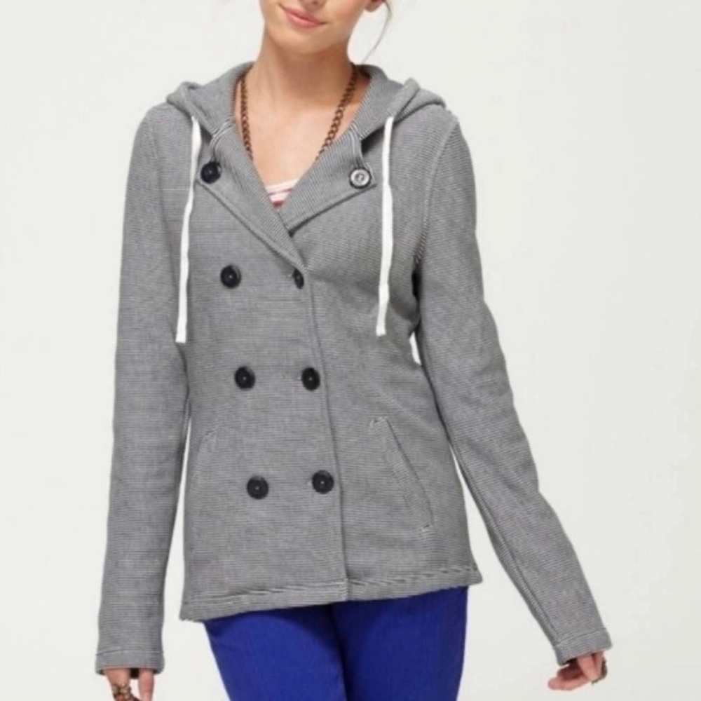 Roxy The Cuddle Hooded Grey Striped Pea Coat Sweater Jacket Size Large